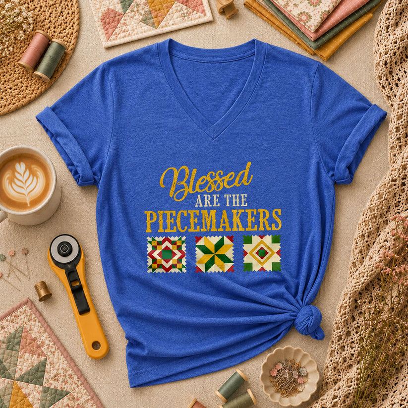 Blessed Are The Piecemakers Cross Christian Women's V-Neck - Heather True Royal