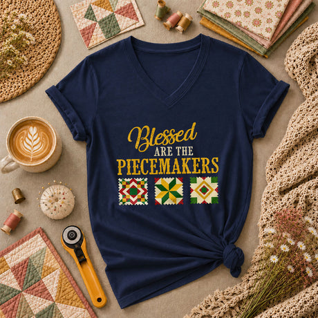 Blessed Are The Piecemakers Cross Christian Women's V-Neck