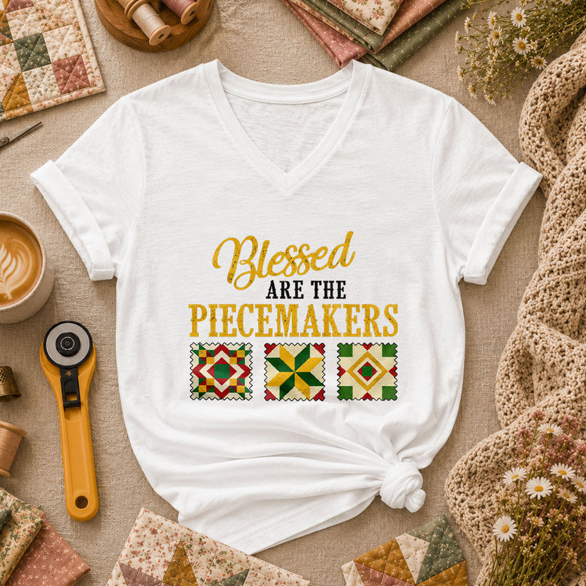 Blessed Are The Piecemakers Cross Christian Women's V-Neck - White
