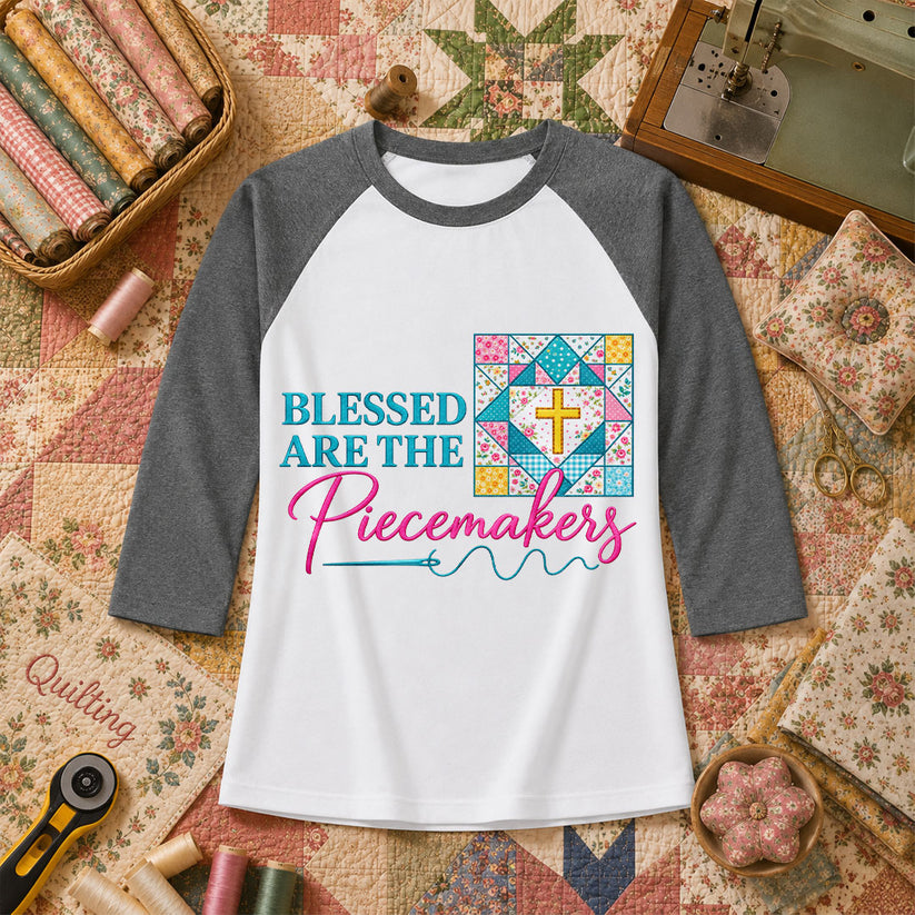 Blessed Are The Piecemakers Quilt Cross Christian Raglan Sleeve - Deep Heather