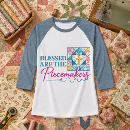 Blessed Are The Piecemakers Quilt Cross Christian Raglan Sleeve - Denim