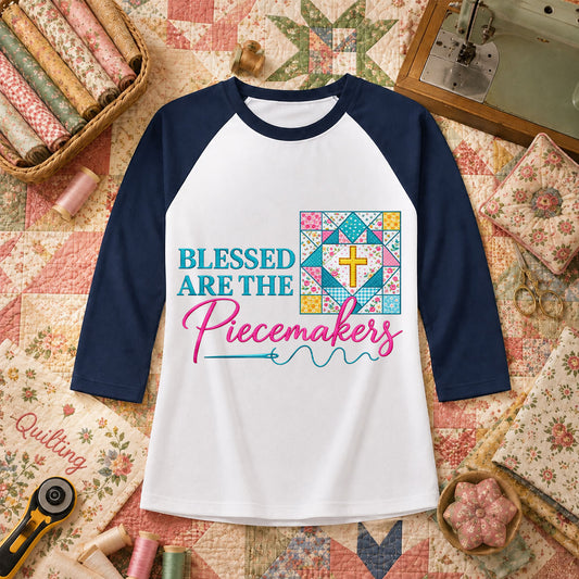 Blessed Are The Piecemakers Quilt Cross Christian Raglan Sleeve - Navy