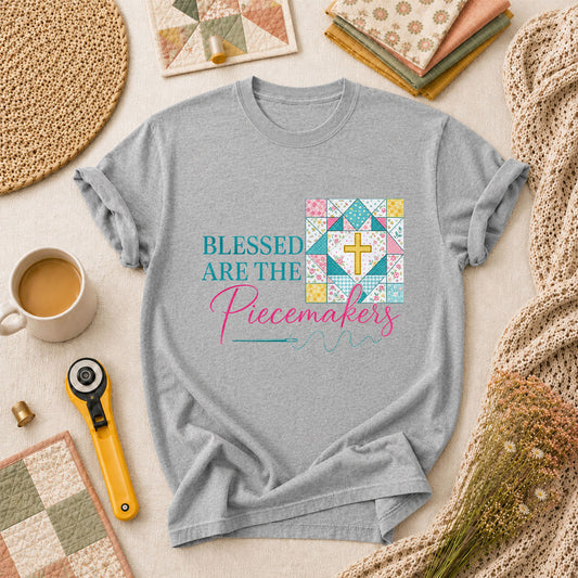 Blessed Are The Piecemakers Quilt Cross Christian T-Shirt - Athletic Heather