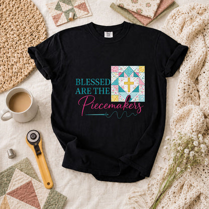 Blessed Are The Piecemakers Quilt Cross Christian T-Shirt - Black