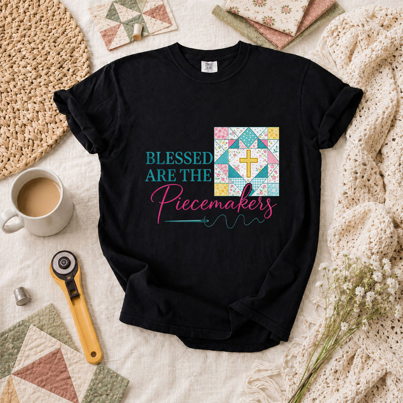 Blessed Are The Piecemakers Quilt Cross Christian T-Shirt - Black