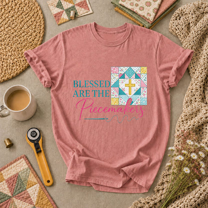 Blessed Are The Piecemakers Quilt Cross Christian T-Shirt - Heather Mauve