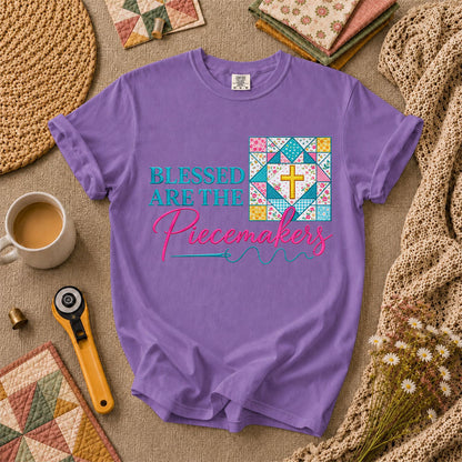 Blessed Are The Piecemakers Quilt Cross Christian T-Shirt - Heather Team Purple
