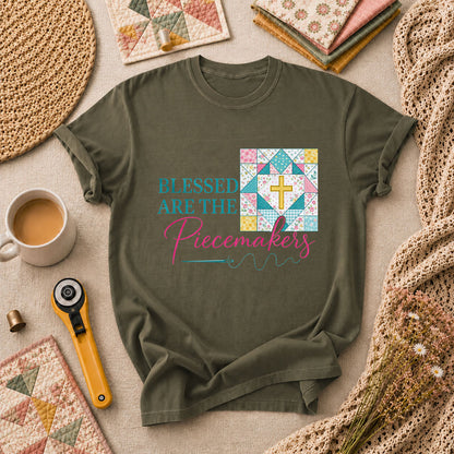 Blessed Are The Piecemakers Quilt Cross Christian T-Shirt - Military Green