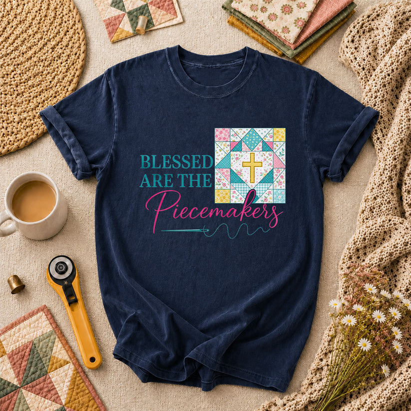 Blessed Are The Piecemakers Quilt Cross Christian T-Shirt - Navy