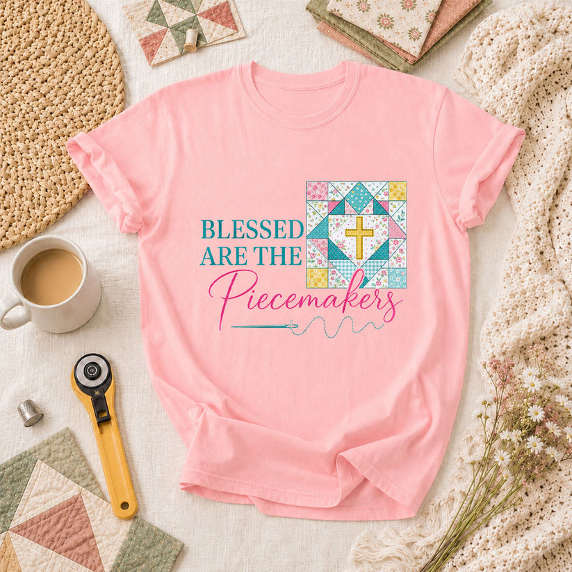 Blessed Are The Piecemakers Quilt Cross Christian T-Shirt - Pink