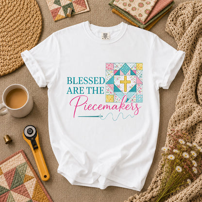 Blessed Are The Piecemakers Quilt Cross Christian T-Shirt - White