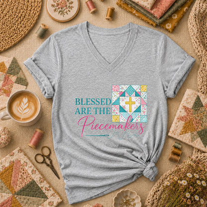 Blessed Are The Piecemakers Quilt Cross Christian Women's V-Neck - Athletic Heather
