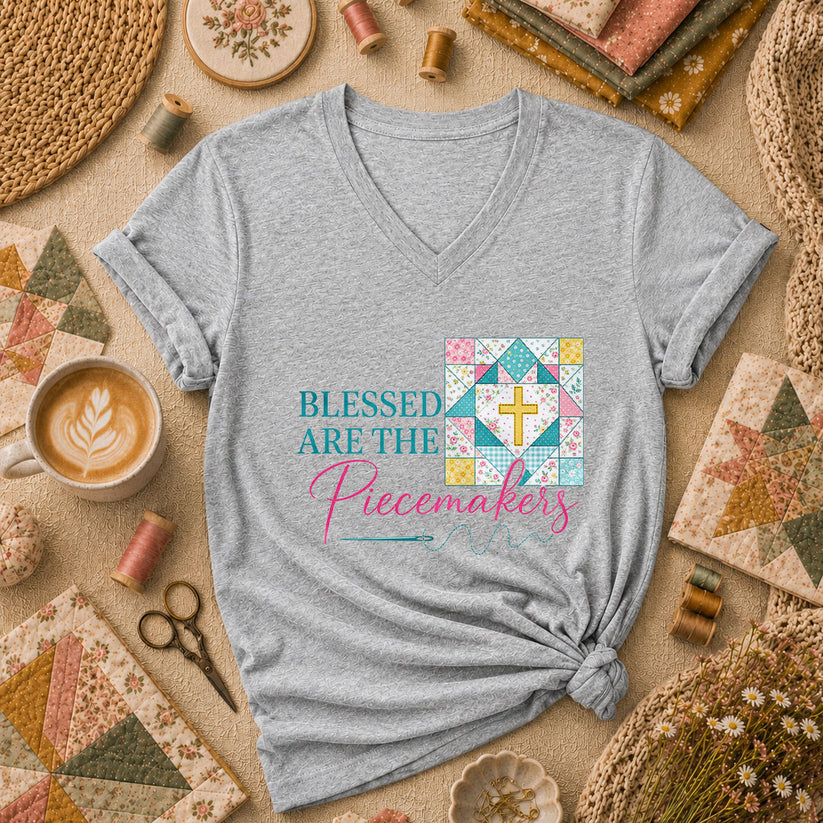 Blessed Are The Piecemakers Quilt Cross Christian Women's V-Neck - Athletic Heather