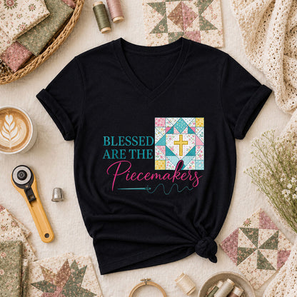 Blessed Are The Piecemakers Quilt Cross Christian Women's V-Neck - Black
