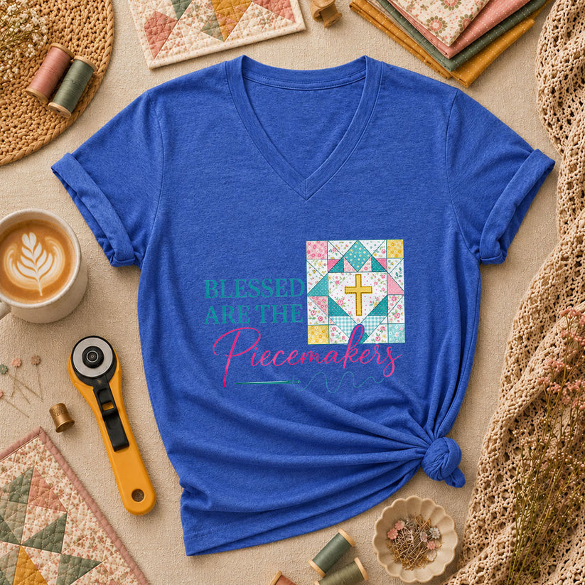 Blessed Are The Piecemakers Quilt Cross Christian Women's V-Neck - Heather True Royal