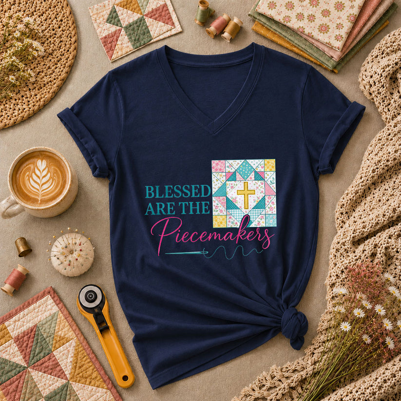 Blessed Are The Piecemakers Quilt Cross Christian Women's V-Neck - Navy