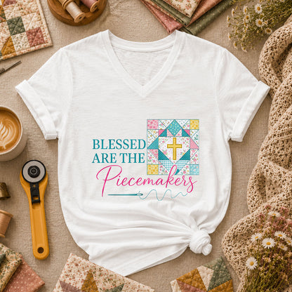 Blessed Are The Piecemakers Quilt Cross Christian Women's V-Neck - White