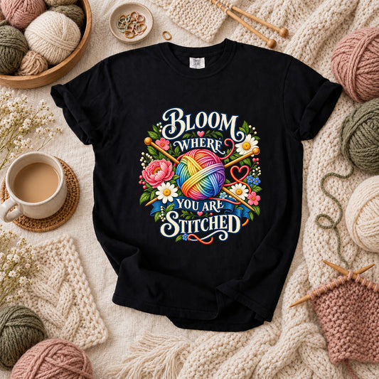 Bloom Where You Are Stitched T-Shirt - Black