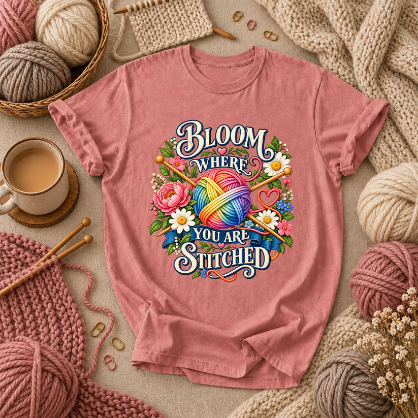 Bloom Where You Are Stitched T-Shirt - Heather Mauve