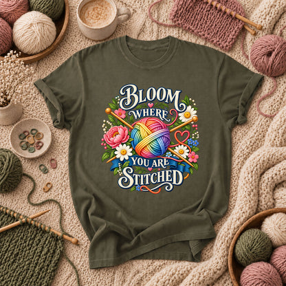 Bloom Where You Are Stitched T-Shirt - Military Green