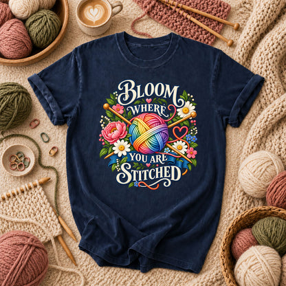 Bloom Where You Are Stitched T-Shirt - Navy