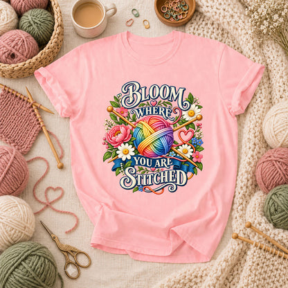 Bloom Where You Are Stitched T-Shirt - Pink