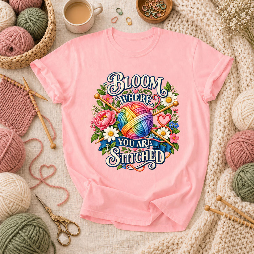 Bloom Where You Are Stitched T-Shirt - Pink