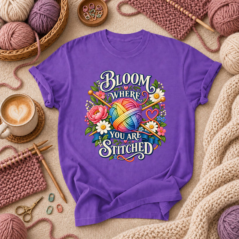 Bloom Where You Are Stitched T-Shirt - Purple