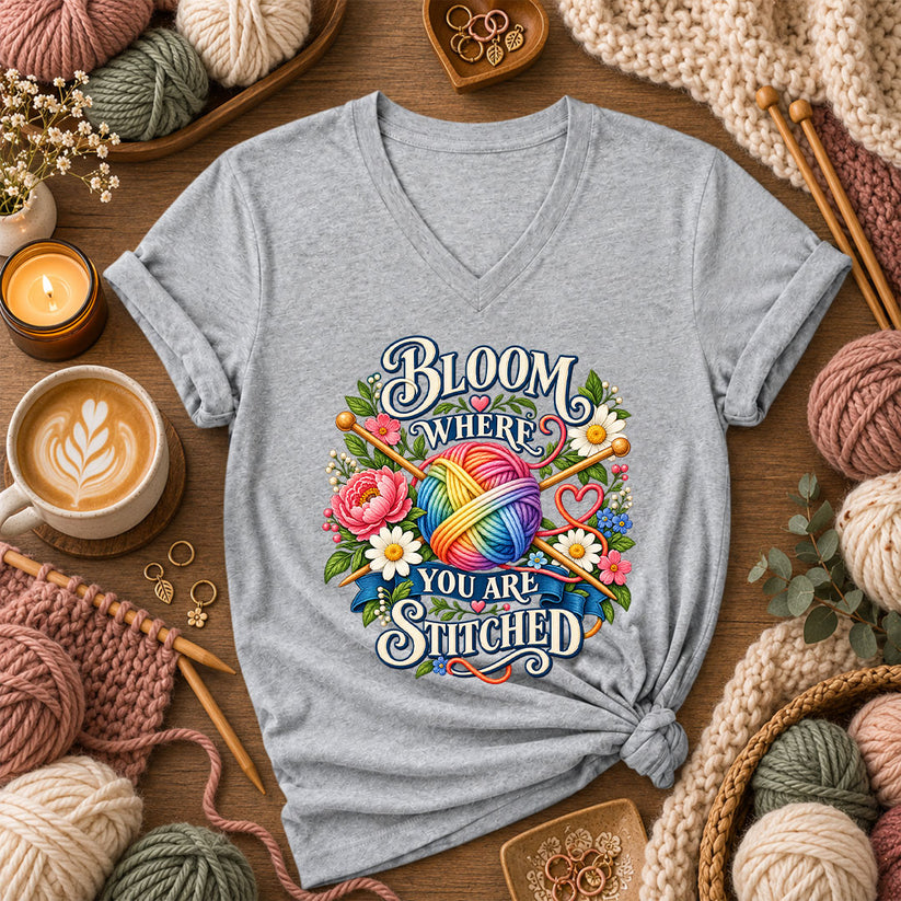 Bloom Where You Are Stitched Women's V-Neck - Athletic Heather