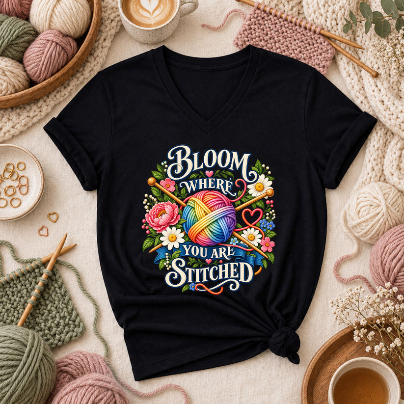 Bloom Where You Are Stitched Women's V-Neck - Black