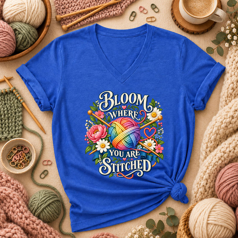 Bloom Where You Are Stitched Women's V-Neck - Heather True Royal