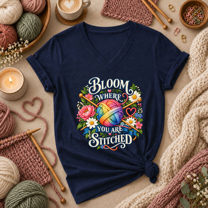 Bloom Where You Are Stitched Women's V-Neck - Navy