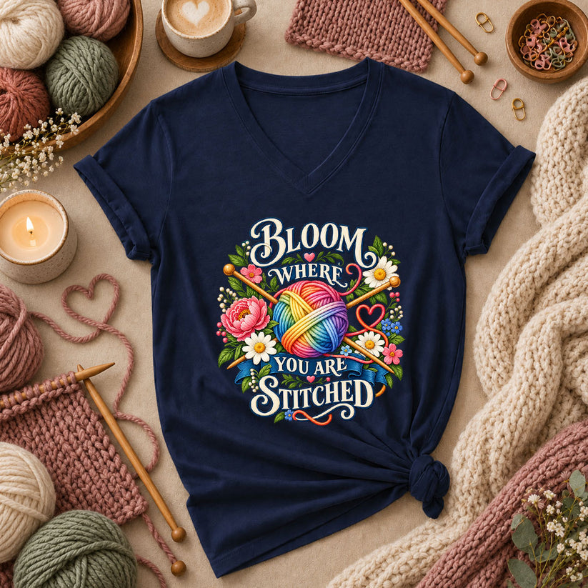 Bloom Where You Are Stitched Women's V-Neck - Navy