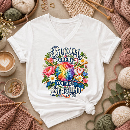 Bloom Where You Are Stitched Women's V-Neck - White