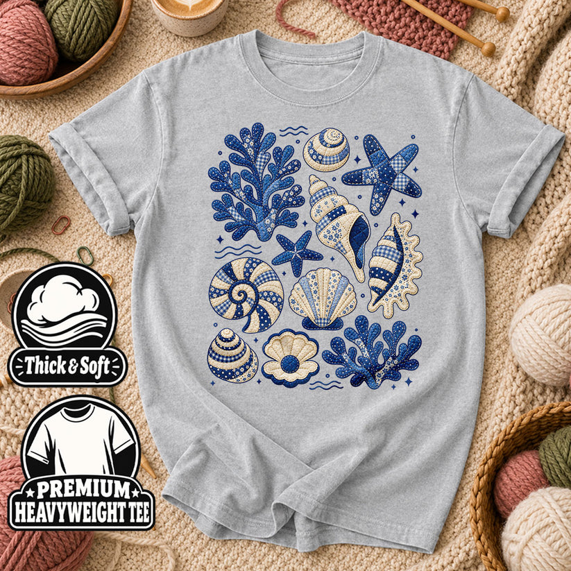 Blue Patchwork Seashells And Coral T-Shirt - Athletic Heather