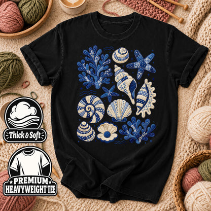 Blue Patchwork Seashells And Coral T-Shirt - Black