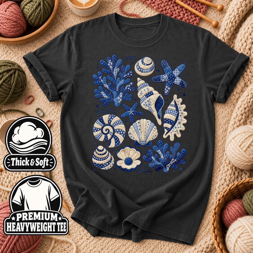 Blue Patchwork Seashells And Coral T-Shirt - Dark Heather Grey