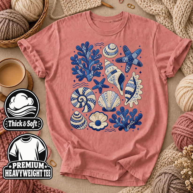 Blue Patchwork Seashells And Coral T-Shirt - Heather Mauve
