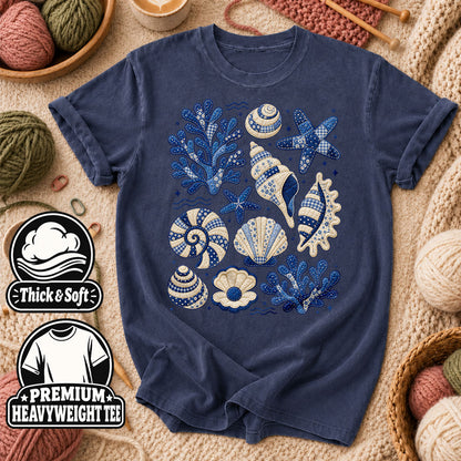 Blue Patchwork Seashells And Coral T-Shirt - Heather Navy
