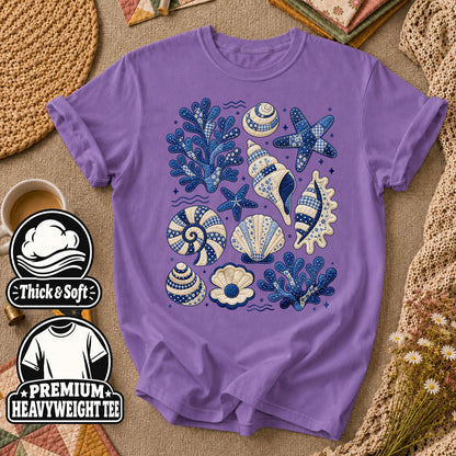 Blue Patchwork Seashells And Coral T-Shirt - Heather Team Purple