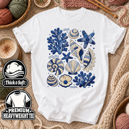 Blue Patchwork Seashells And Coral T-Shirt - White