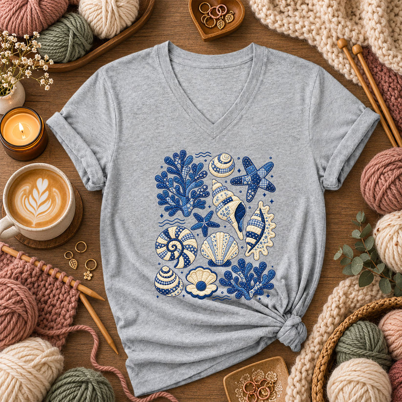 Blue Patchwork Seashells And Coral Women's V-Neck - Athletic Heather