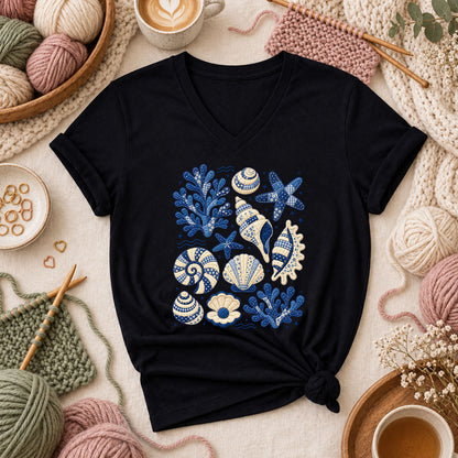 Blue Patchwork Seashells And Coral Women's V-Neck - Black