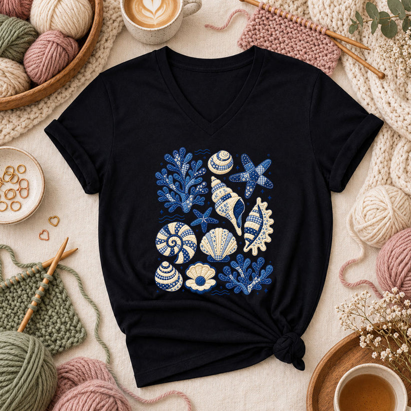 Blue Patchwork Seashells And Coral Women's V-Neck - Black