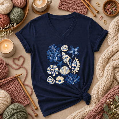 Blue Patchwork Seashells And Coral Women's V-Neck - Navy