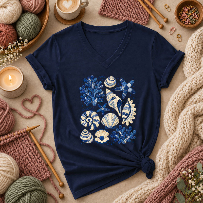 Blue Patchwork Seashells And Coral Women's V-Neck - Navy