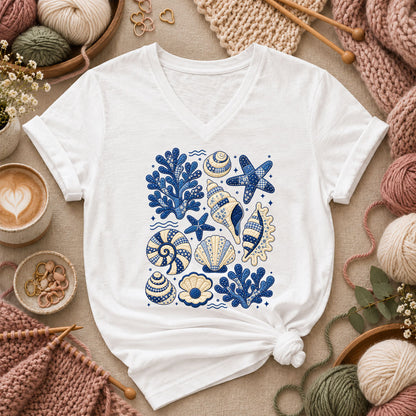Blue Patchwork Seashells And Coral Women's V-Neck - White