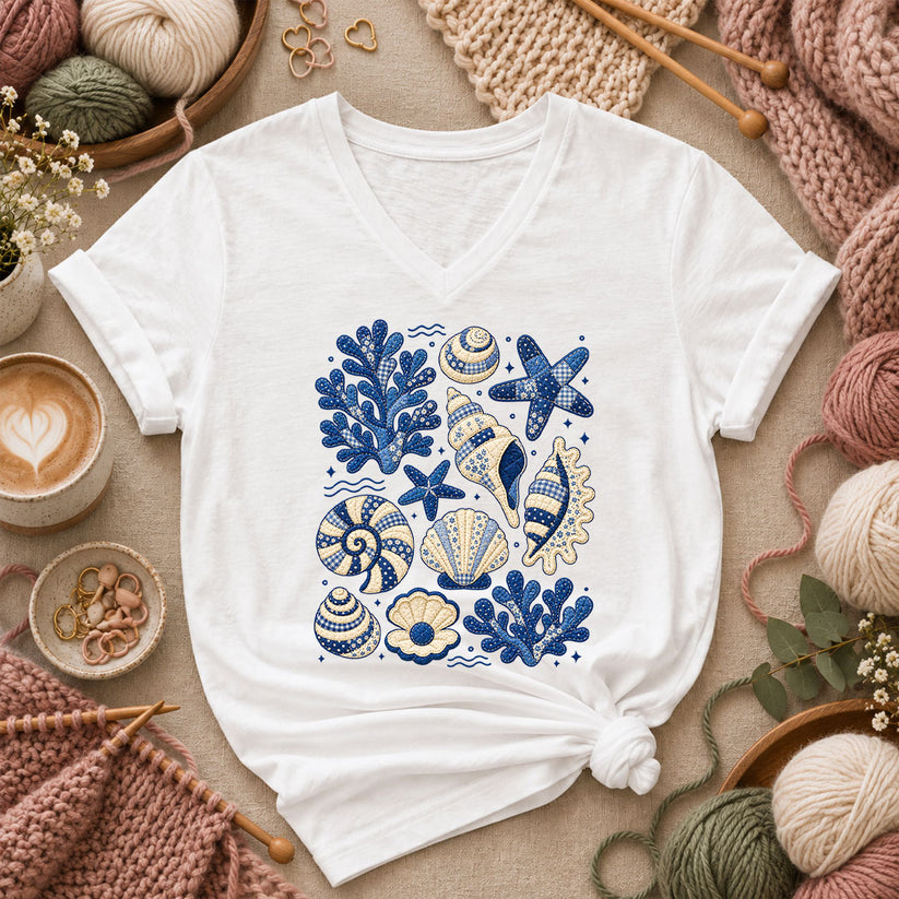 Blue Patchwork Seashells And Coral Women's V-Neck - White