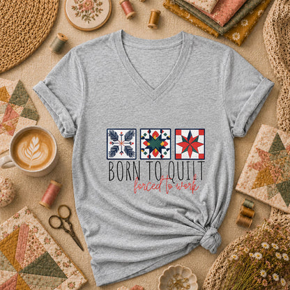 Born To Quilt Forced To Work Quilt Blocks Women's V-Neck - Athletic Heather