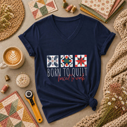 Born To Quilt Forced To Work Quilt Blocks Women's V-Neck - Navy